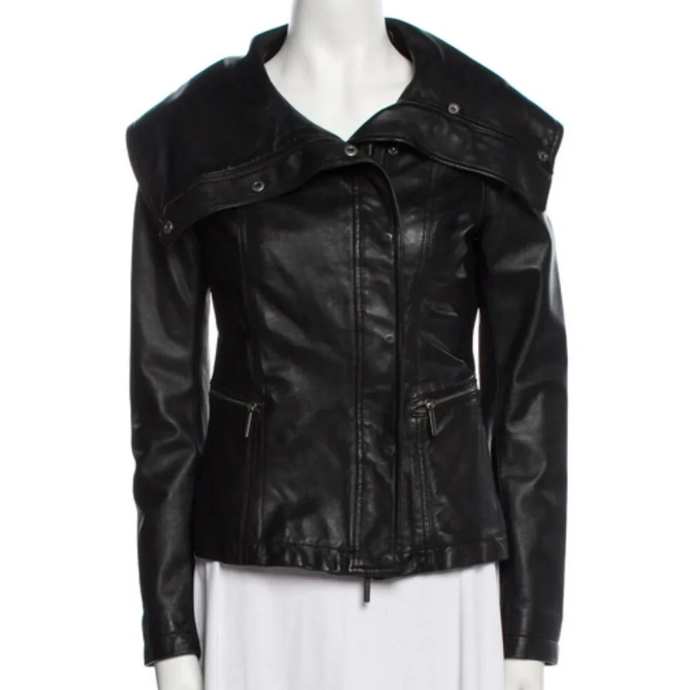 Vince Women’s Black Leather Moto Biker Jacket XS Full Zip Authentic - Picture 1 of 8